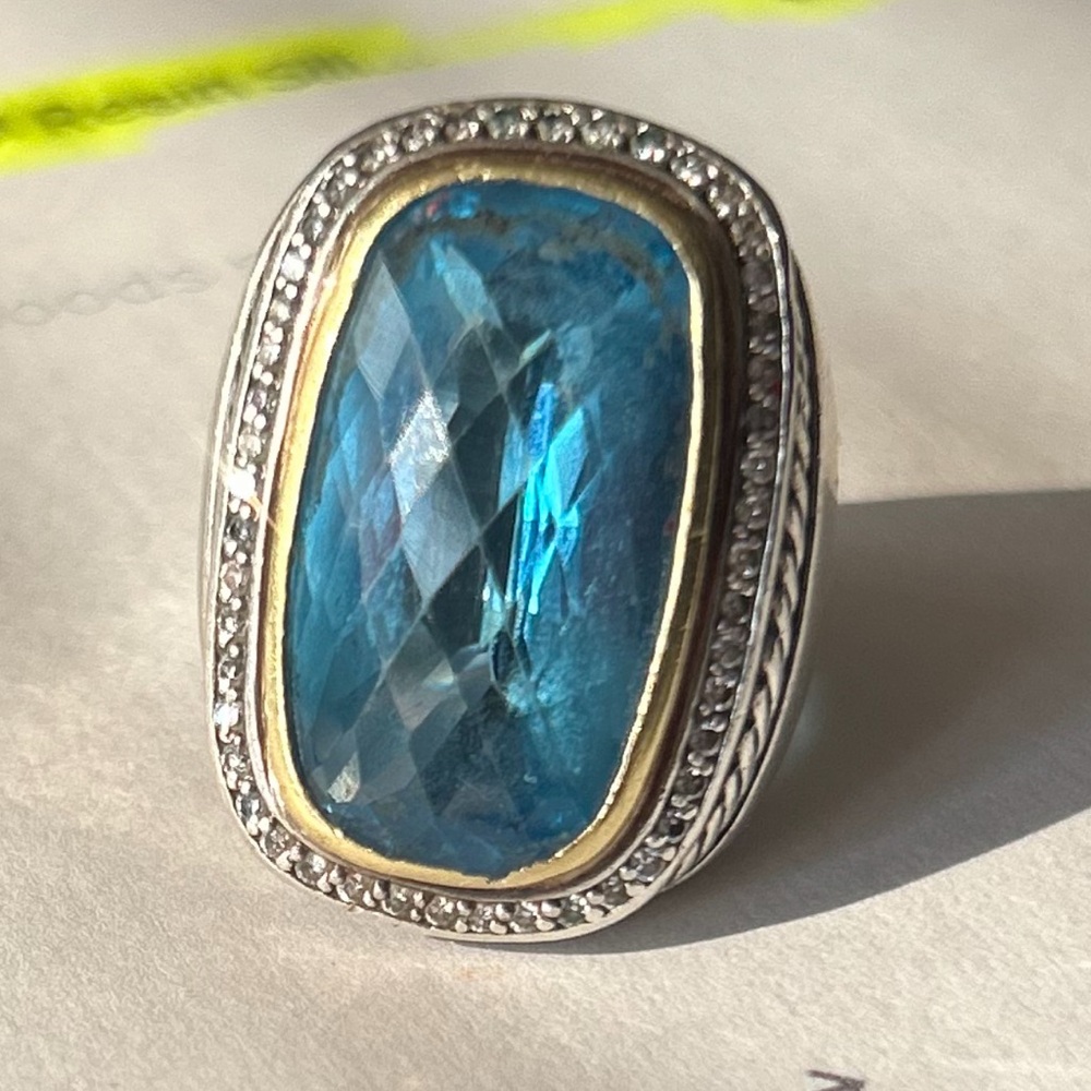 David Yurman Blue Topaz surrounded by Diamonds size 6 1/2, 14 kt gold, 925 slvr